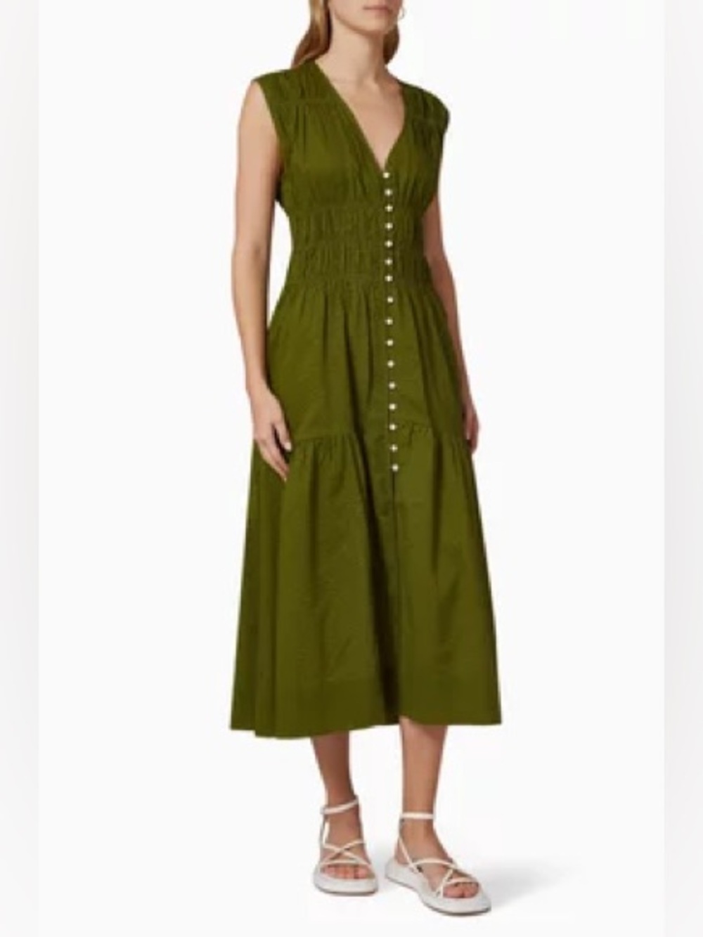 FRAME Ruched V-neck Smocked Midi Dress in Cotton
